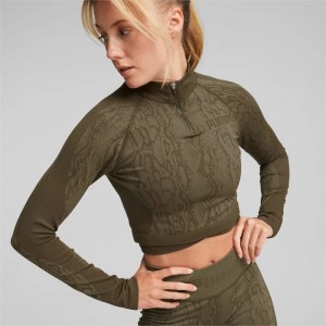 Sudaderas Puma Seamless Cropped 1/4 Zip Training Mujer Verde Oliva Oscuro Serpent | 30765-BHPT
